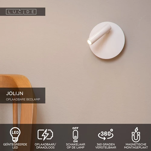 Lucide JOLIJN - Oplaadbare Bedlamp / Wandlamp - Accu/Batterij - Ø 10,2 cm - LED - 1x2W 3000K - Magnetisch - Wit - USP
